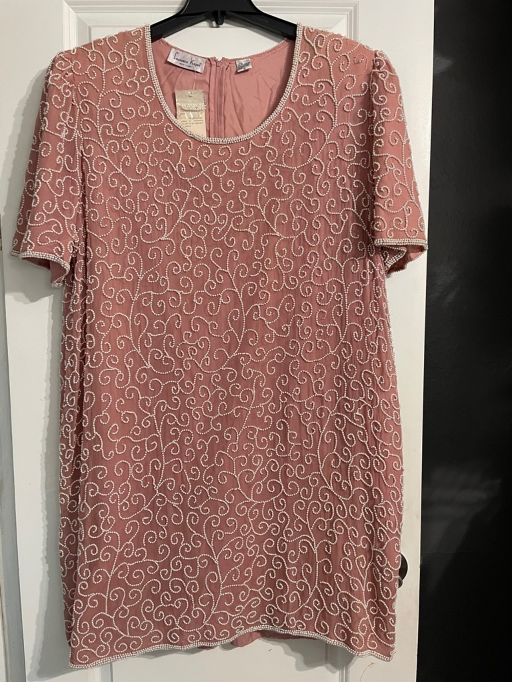 Vtg Laurence Kazar Beaded Pearl Floral Dress Dusty Rose Mauve Plus Size 4X